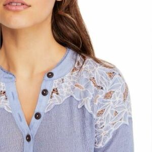 Free People Blue Lace Appliqué Detail long sleeve Top